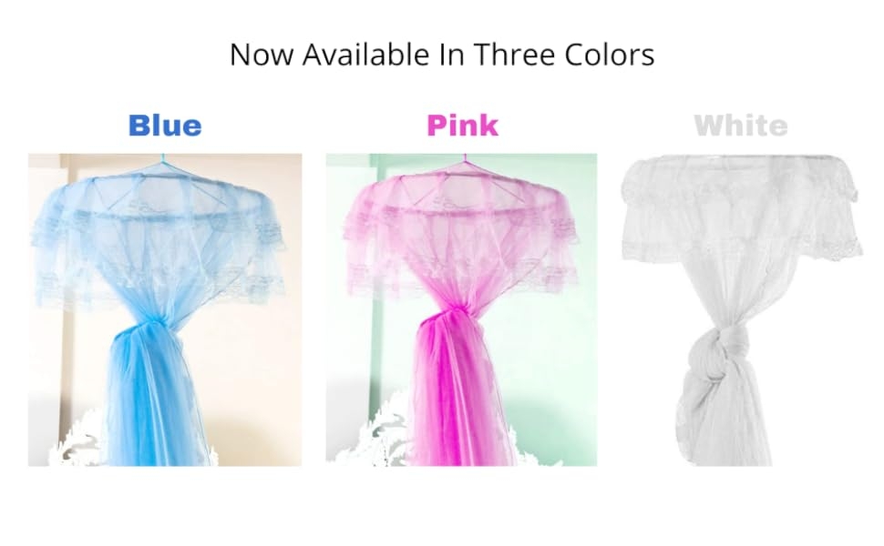 blue and pink white hanging mosquito net 