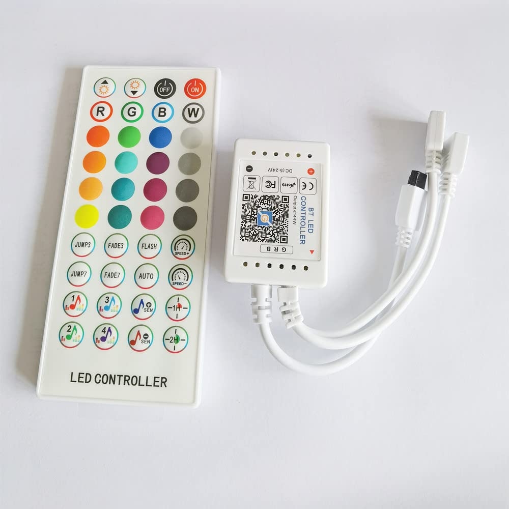 protium 2-Port DC5-24V 4-PIN LED Strip Light Controller, APP Control and Music Sync, 40-Key Wireless IR Remote by Bluetooth Connection, for 5050 3528 RGB LED Strip Lights Remote Controls