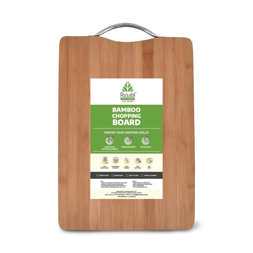 Bamboo Vegetable Cutting Chopping Board | Metal Handle, Biodegradable, BPA Free & Anti-Microbial (20 x 30 x 1.8 cms)