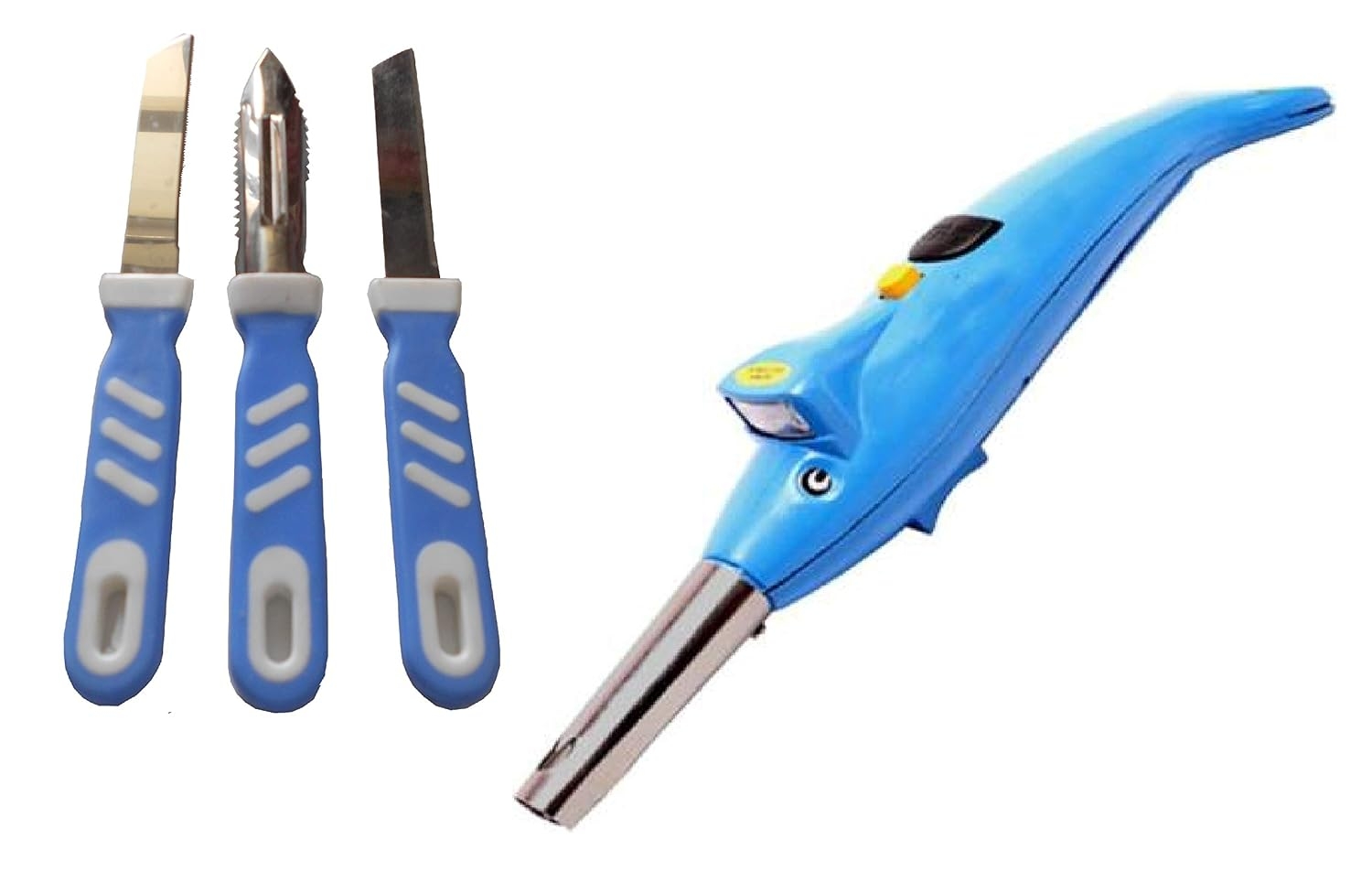Plastic Kitchen Gas Lighter | Electric Dolphin Shaped | Multicolor LED Torch | Sharp Wavy Edge Knives Set of 3 | Stainless Steel Peeler Gas Lighters
