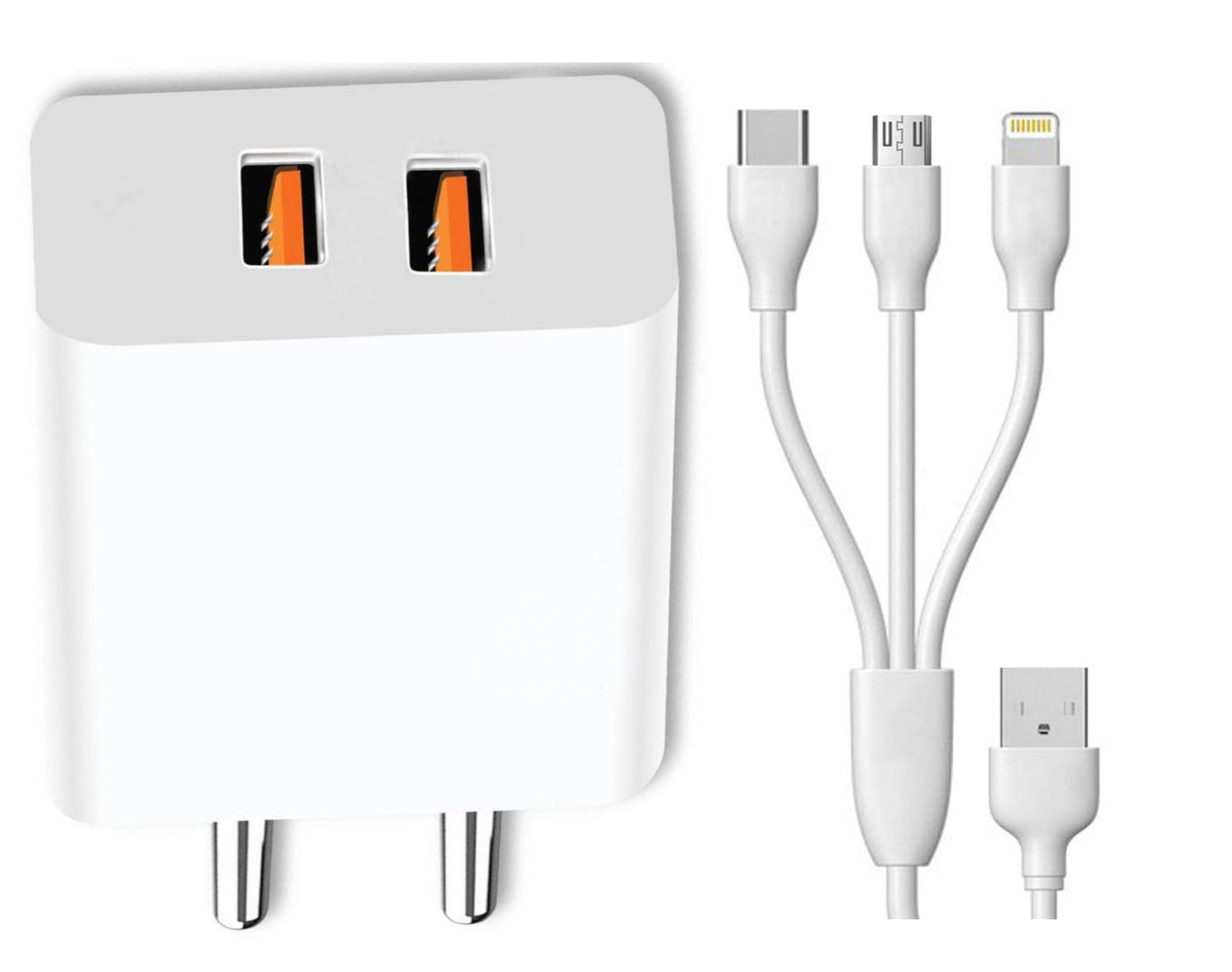 3 in 1 2A Dual Port Charger | Fast Mobile Charging Wall Charger with 1.2M Cable for Micro USB, iOS & Type-C Devices