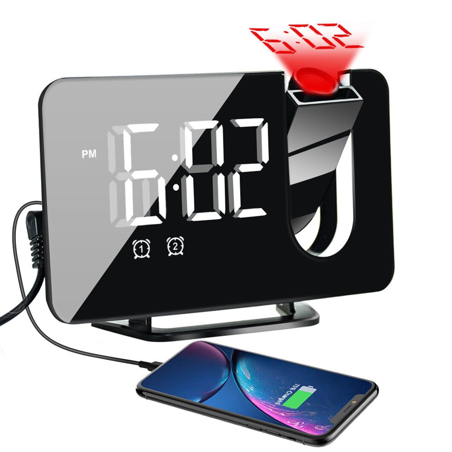 Digital FM Alarm Clock LED Large Display with Snooze Mirror Projection Screen Temperature Detect for Bedroom, Desk