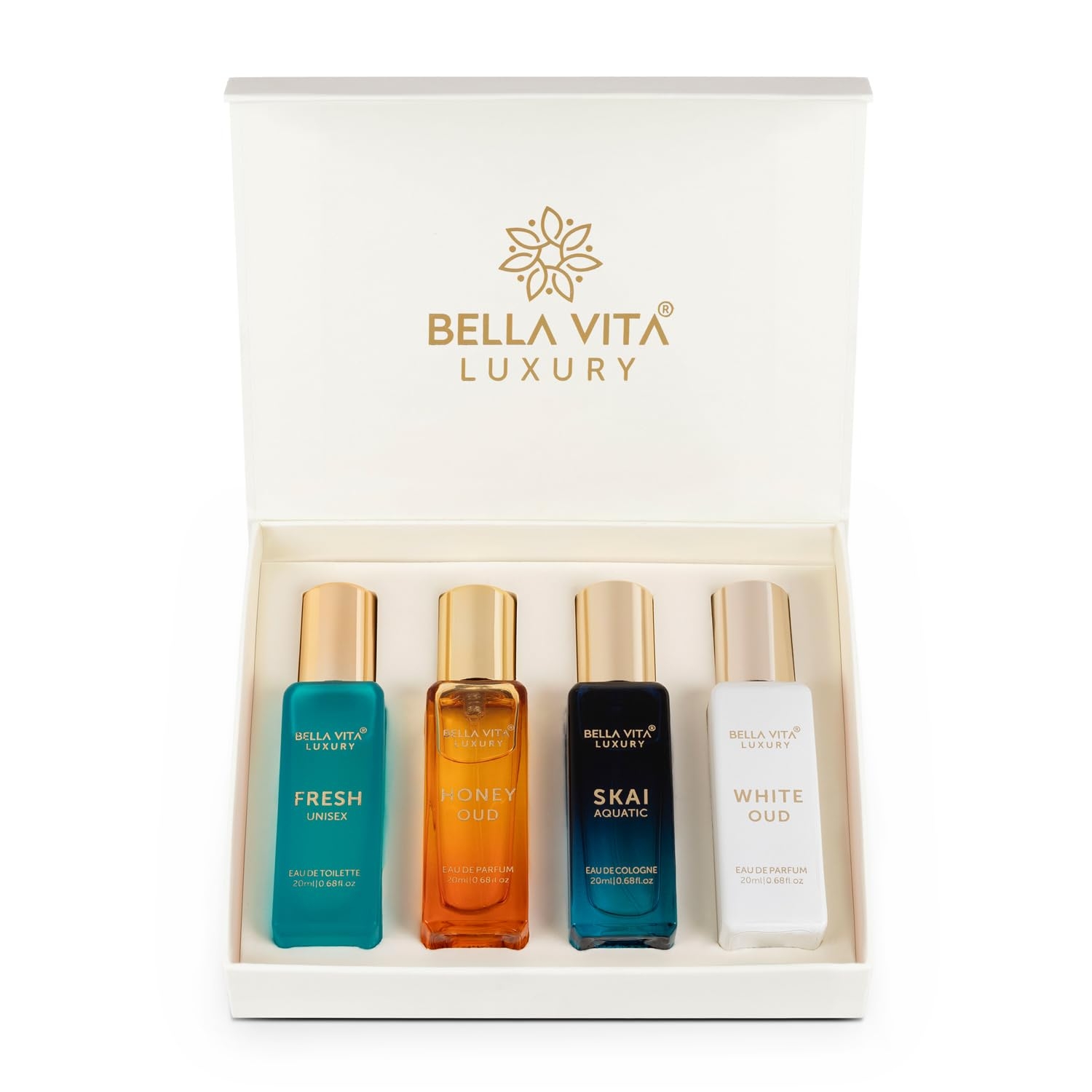 Bella Vita Luxury Unisex Eau De Parfum Set 4x20ml | SKAI, FRESH, WHITEOUD, HONEY OUD | Long Lasting EDP Fragrance Scent
