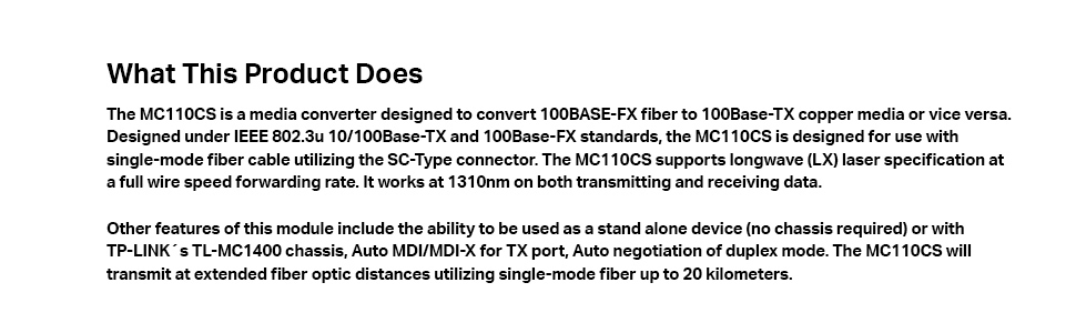 MC110CS 10/100 Mbps Port TP-link Single Mode Media Converter Network TPLink Base-TX Base-FX