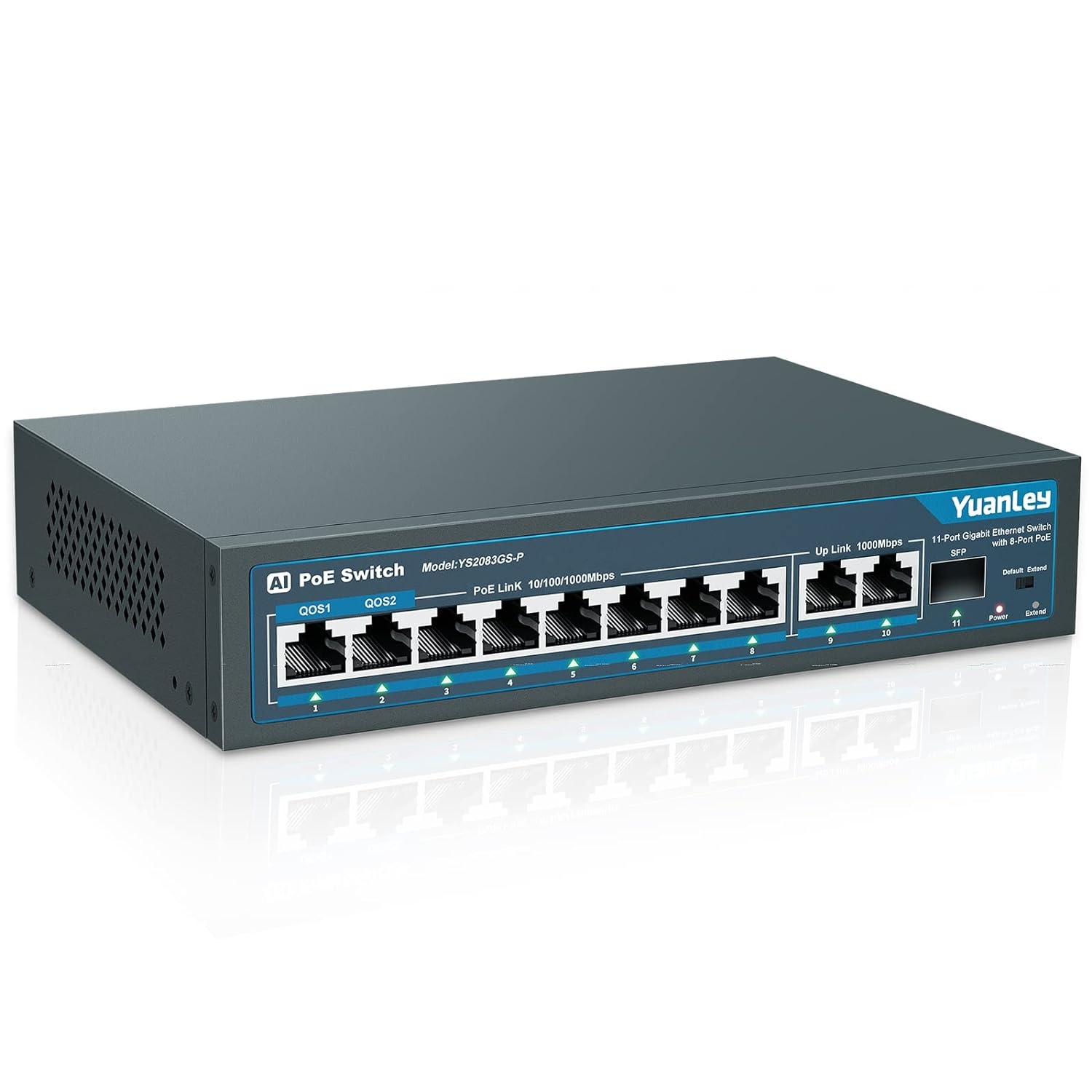 YuanLey 11 Port Gbps PoE Ethernet Switch, 8 PoE+ Port 1000Mbps, 2 Gbps Uplink, 1 SFP Port, 120W 802.3af/at, Qos, AI Alert